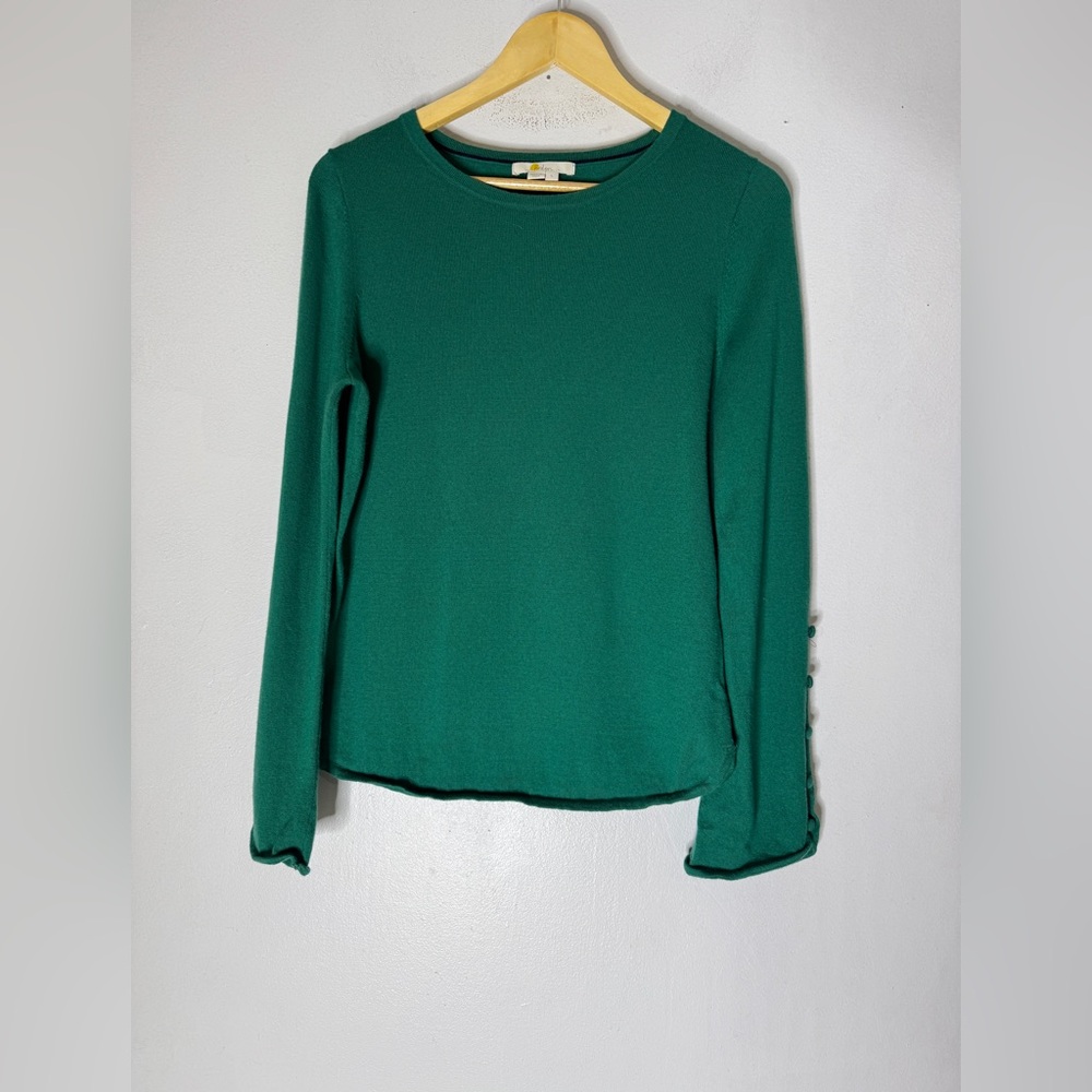 Boden Green Wool Cotton‎ Crew Neck Sweater Button Sleeve Detail Small